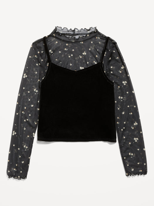 2-In-1 Velvet Cami & Printed Sheer Top for Girls