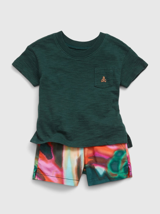 Baby Pocket T-Shirt & Printed Shorts Outfit Set