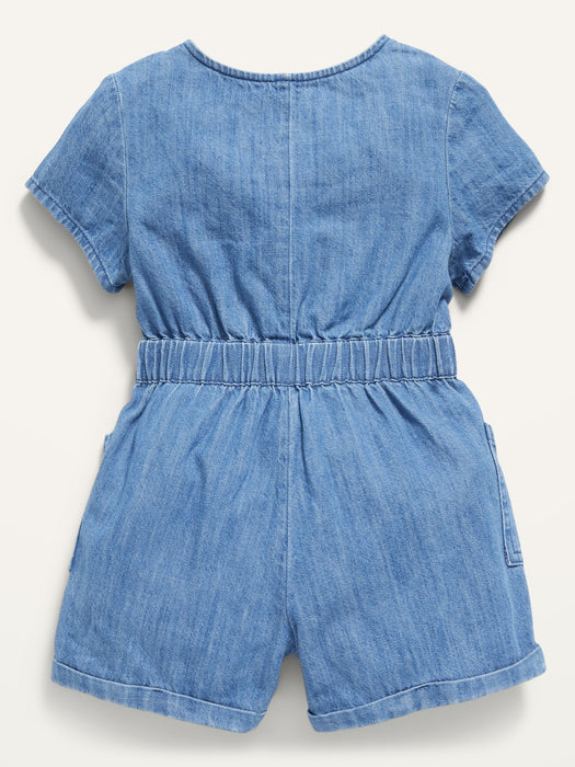 Short-Sleeve Tie-Belt Romper for Toddler Girls