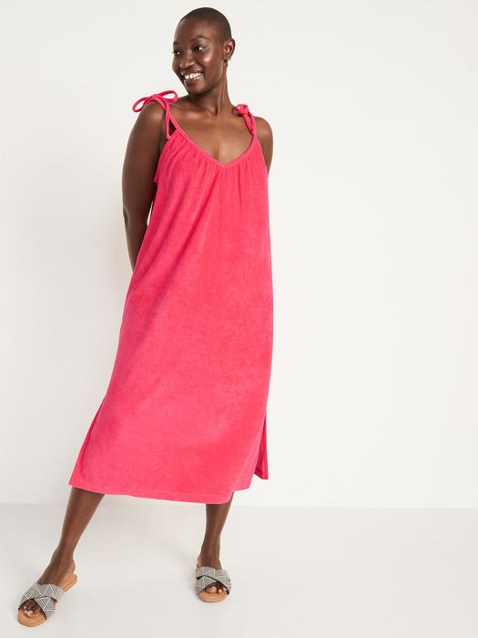 Tie-Shoulder V-Neck Terry Midi  Swing Dress for Women