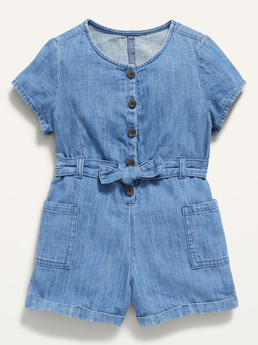 Short-Sleeve Tie-Belt Romper for Toddler Girls