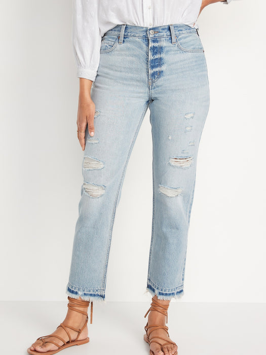 High-Waisted Slouchy Straight Distressed Cut-Off Non-Stretch Jeans for Women
