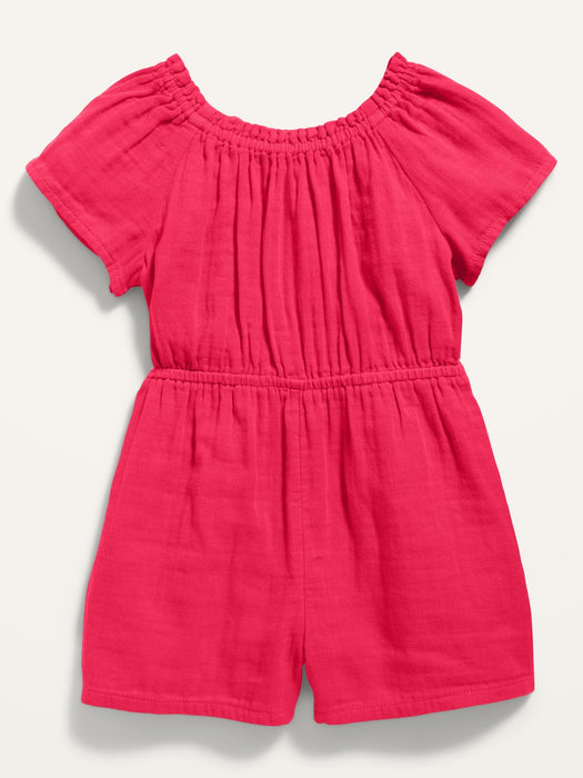 Double-Weave Short-Sleeve Open-Back Romper for Toddler Girls