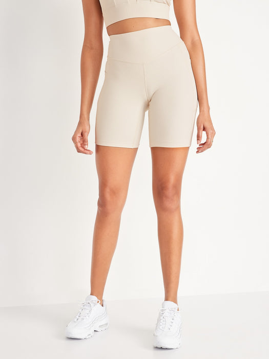 High-Waisted PowerSoft Rib-Knit Side-Pocket Compression Biker Shorts for Women -- 8-inch inseam
