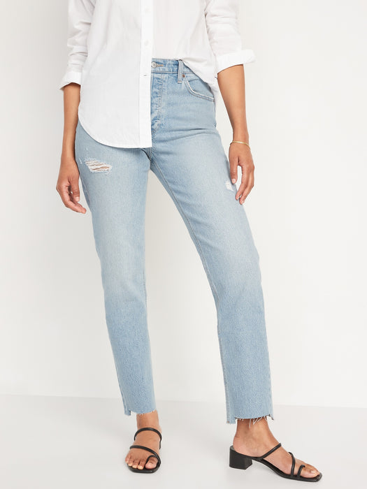 High-Waisted Button-Fly Slouchy Straight Ripped Cut-Off Jeans for Women