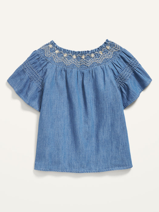 Short-Sleeve Embroidered Smocked Swing Top for Girls