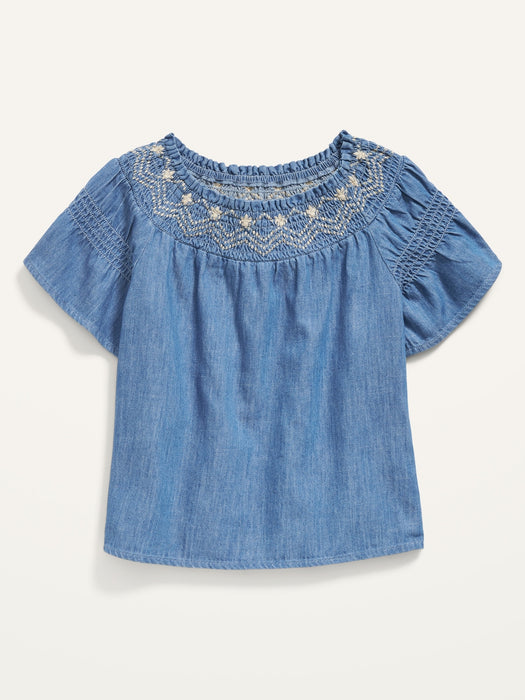 Short-Sleeve Embroidered Smocked Swing Top for Girls