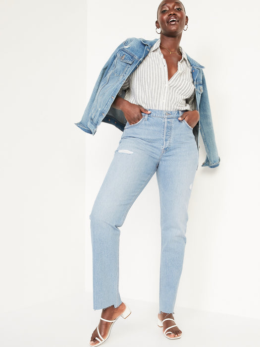 High-Waisted Button-Fly Slouchy Straight Ripped Cut-Off Jeans for Women