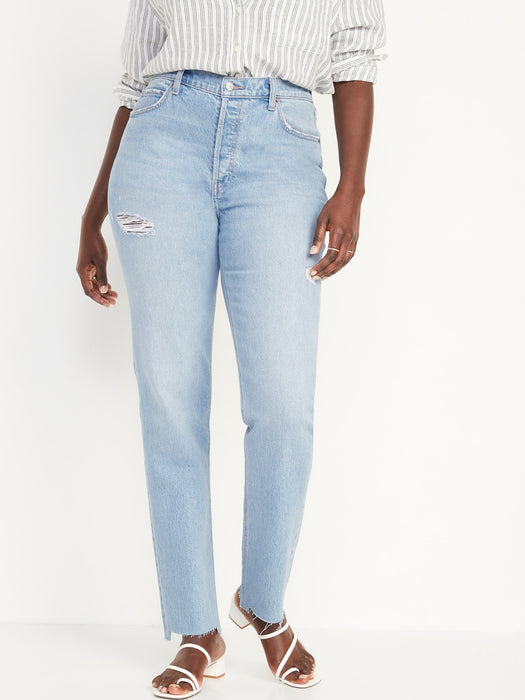 High-Waisted Button-Fly Slouchy Straight Ripped Cut-Off Jeans for Women