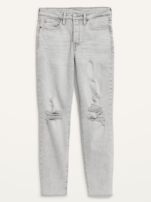 High-Waisted Button-Fly OG Straight Ripped Gray Cut-Off Jeans for Women