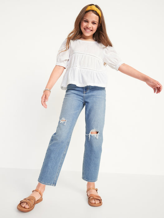 High-Waisted Slouchy Straight Ripped Non-Stretch Jeans for Girls