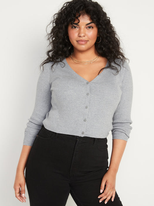 Long-Sleeve Cropped Rib-Knit Cardigan Sweater for Women