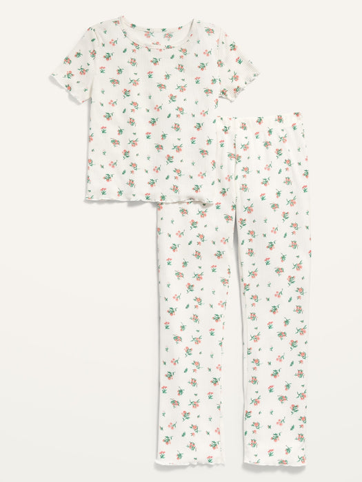 Rib-Knit Lettuce-Edge Flared Leg Pajama Set for Girls