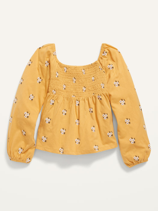 Smocked Floral-Print Jersey Long-Sleeve Top for Girls