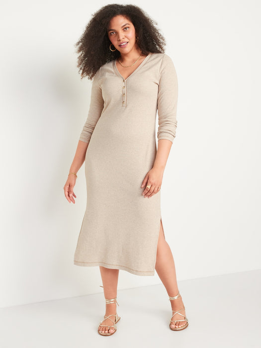 Fitted Long-Sleeve Heathered Rib-Knit Henley Midi Dress for Women