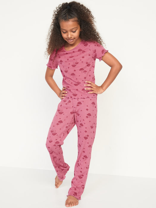 Rib-Knit Lettuce-Edge Flared Leg Pajama Set for Girls