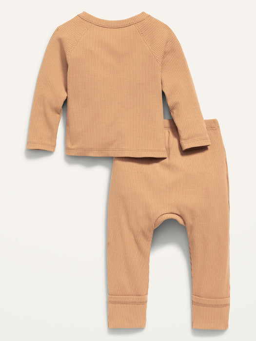 Unisex Rib-Knit Kimono Top and Convertible Footed Leggings Layette Set for Baby