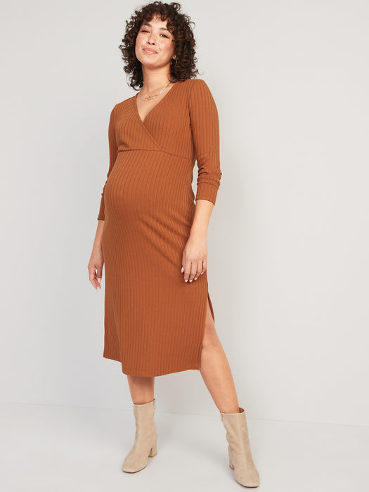Maternity Long-Sleeve Cross-Front Nursing Midi Dress