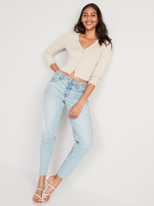 High-Waisted Button-Fly Slouchy Taper Cut-Off Non-Stretch Ankle Jeans for Women