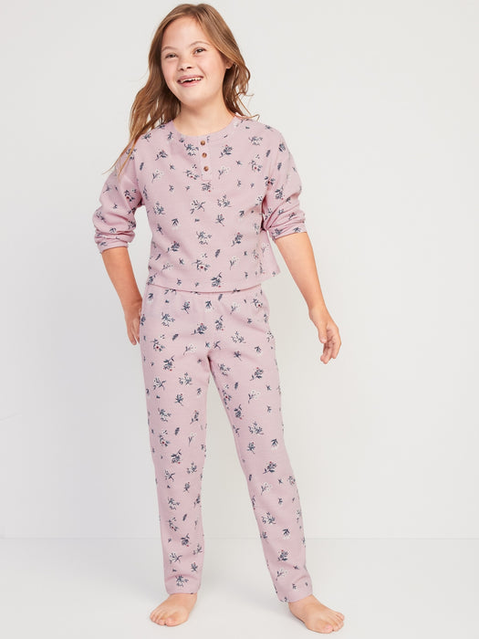 Long-Sleeve Thermal-Knit Henley Pajama Set for Girls