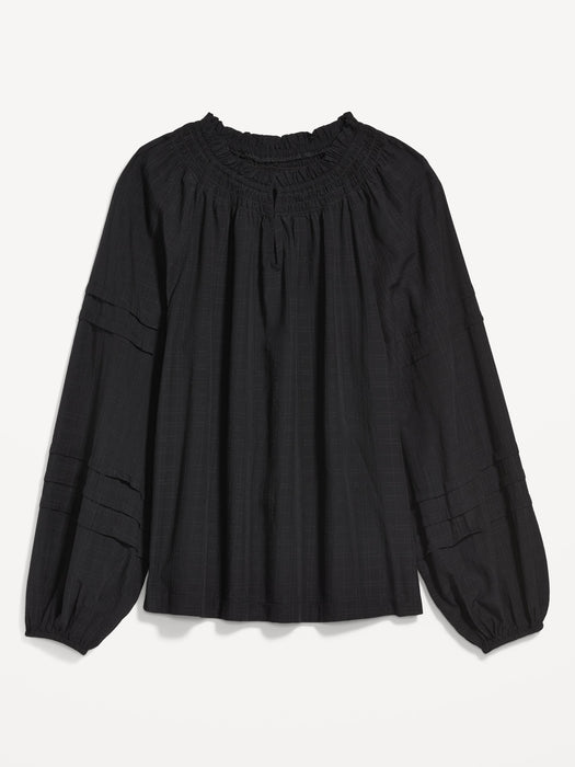 Plaid Smocked Pintucked Seersucker Swing Blouse for Women