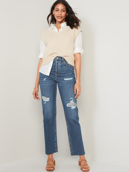 Extra High-Waisted Button-Fly Sky-Hi Straight Cut-Off Non-Stretch Jeans for Women