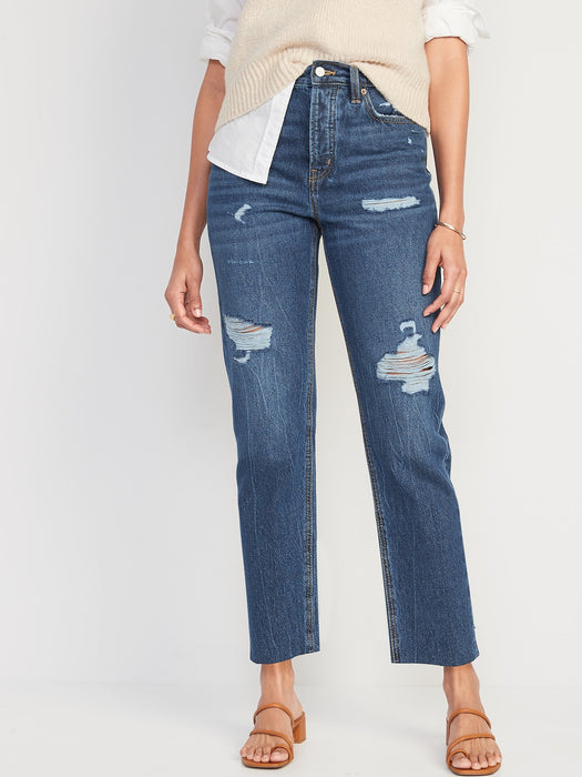 Extra High-Waisted Button-Fly Sky-Hi Straight Cut-Off Non-Stretch Jeans for Women