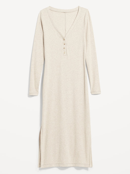 Fitted Long-Sleeve Heathered Rib-Knit Henley Midi Dress for Women