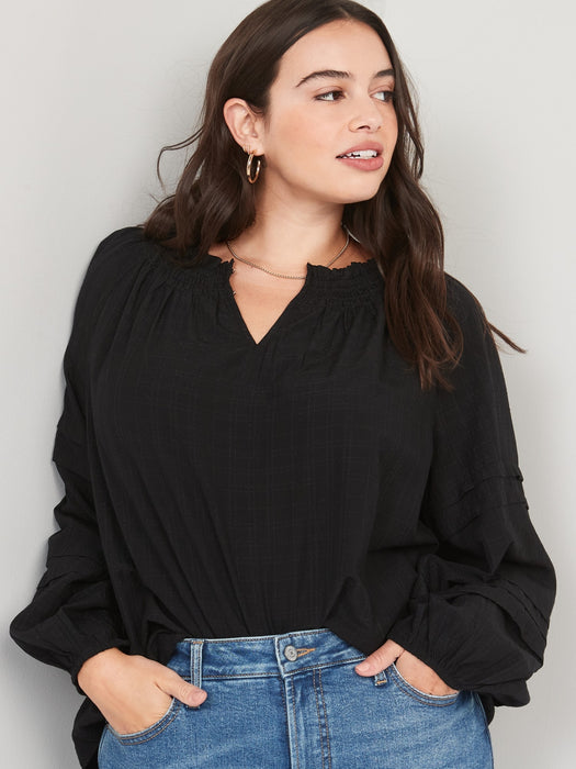 Plaid Smocked Pintucked Seersucker Swing Blouse for Women