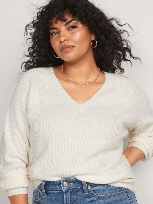 V-Neck Shaker-Stitch Cocoon Sweater for Women