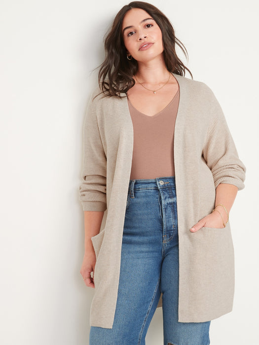 Textured Shaker-Stitch Long-Line Open-Front Sweater for Women