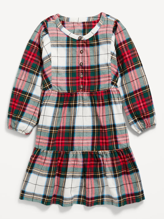 Long-Sleeve Button-Front Plaid Swing Dress for Girls