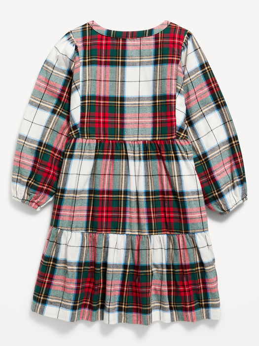 Long-Sleeve Button-Front Plaid Swing Dress for Girls