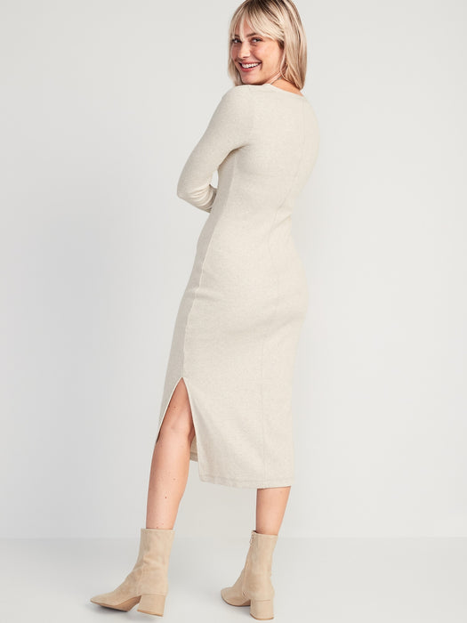 Fitted Long-Sleeve Heathered Rib-Knit Henley Midi Dress for Women