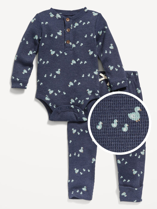 Unisex Thermal-Knit Henley Bodysuit and Leggings for Baby