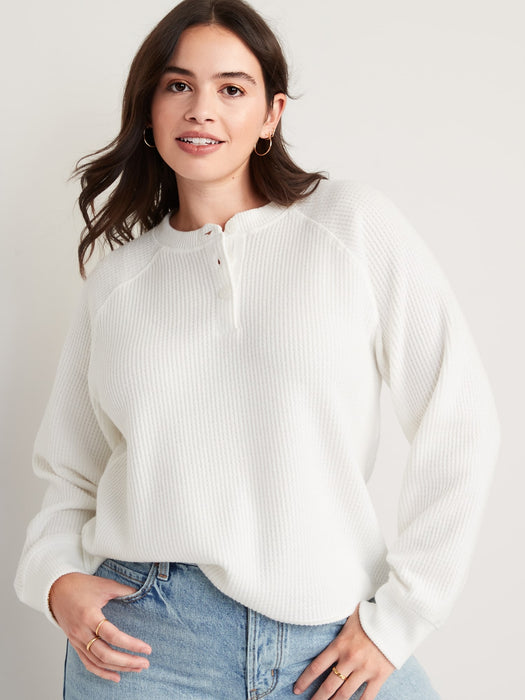 Thermal-Knit Raglan-Sleeve Henley T-Shirt for Women