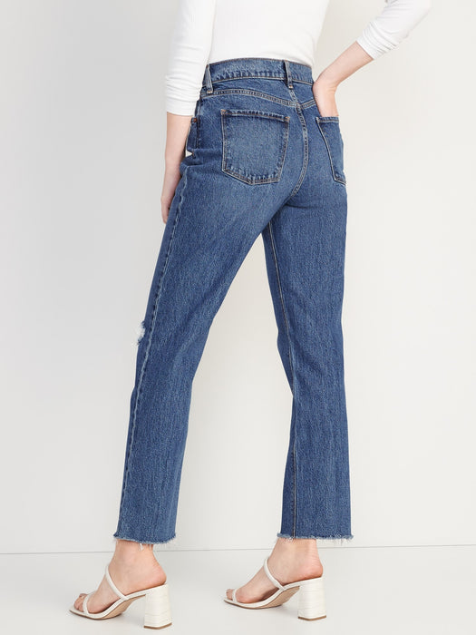 High-Waisted Button-Fly Slouchy Straight Ripped Jeans for Women