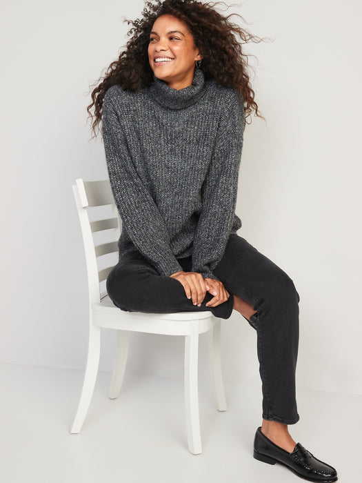 Marled Shaker-Stitch Tunic-Length Turtleneck Sweater for Women