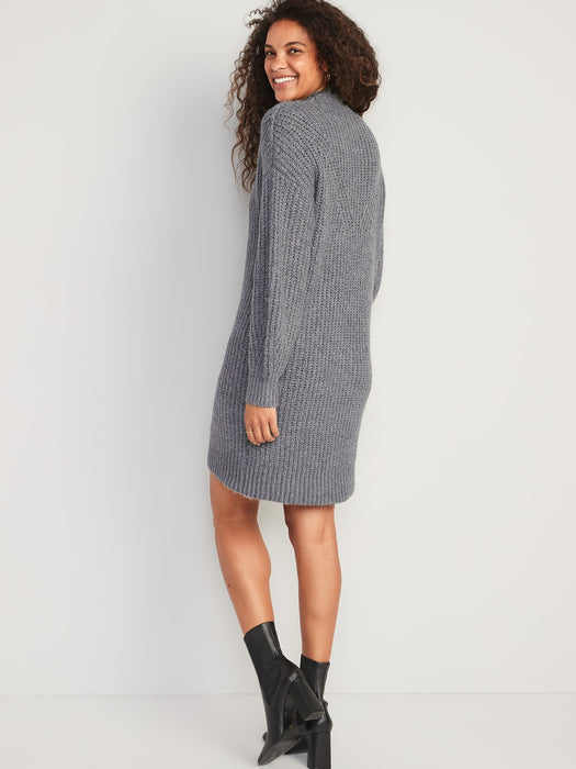 Long-Sleeve Relaxed Mock-Neck Mini Sweater Shift Dress for Women