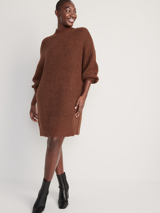 Long-Sleeve Relaxed Mock-Neck Mini Sweater Shift Dress for Women