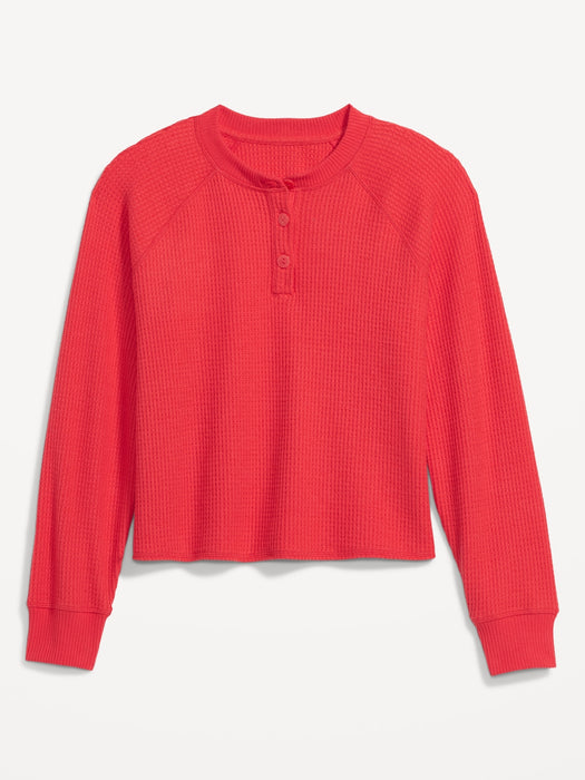 Thermal-Knit Raglan-Sleeve Henley T-Shirt for Women