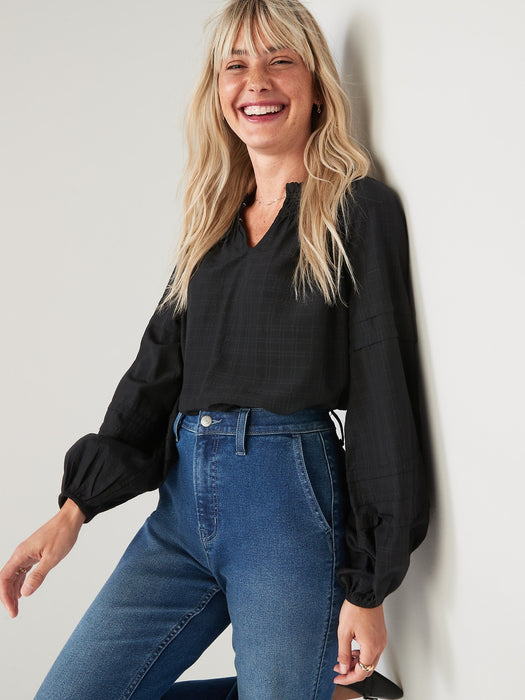 Plaid Smocked Pintucked Seersucker Swing Blouse for Women