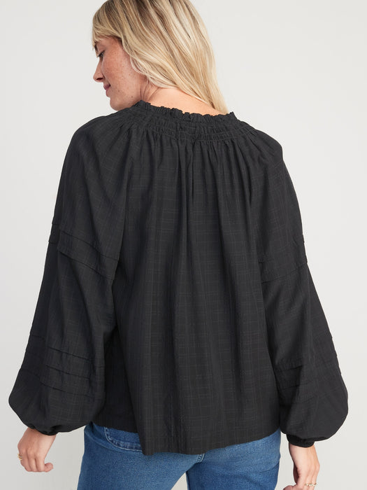 Plaid Smocked Pintucked Seersucker Swing Blouse for Women