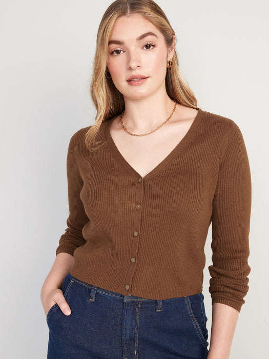 Long-Sleeve Cropped Rib-Knit Cardigan Sweater for Women