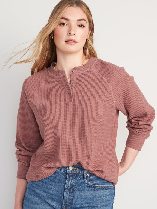 Waffle-Knit Henley Top for Women