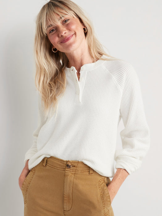 Thermal-Knit Raglan-Sleeve Henley T-Shirt for Women