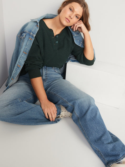 Waffle-Knit Henley Top for Women