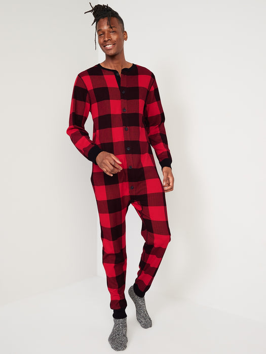 Thermal-Knit Matching Print One-Piece Pajamas for Men