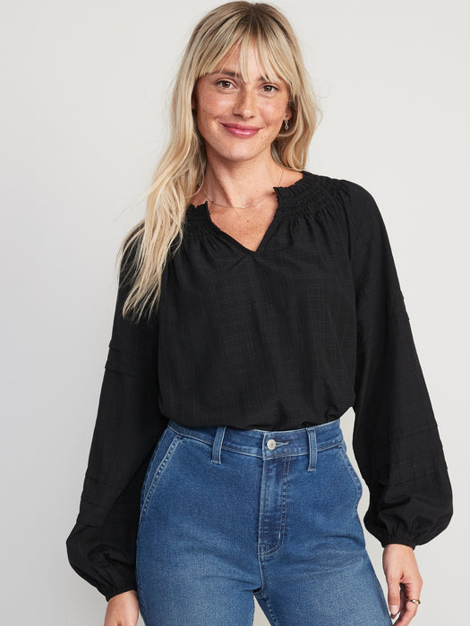 Plaid Smocked Pintucked Seersucker Swing Blouse for Women