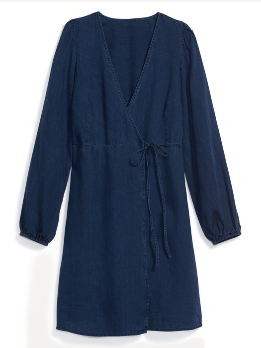 Puff-Sleeve Jean Mini Wrap Dress for Women